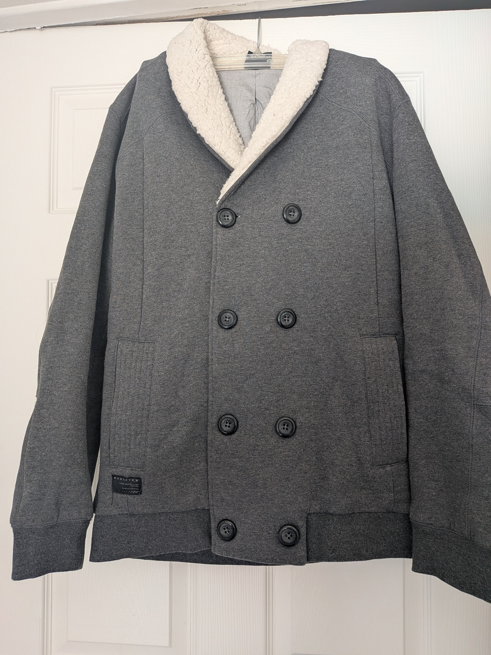 Oakley Gray Double-Breasted Pea Coat with Cream Sherpa Collar